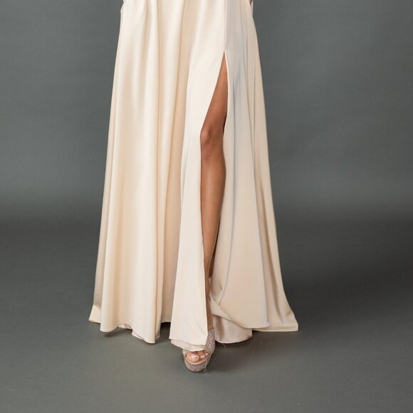 New Off the Shoulder Bridesmaid Chiffon Gown w/ Cowl Neck & Boned Bodice DQ 4539 - Picture 9 of 9
